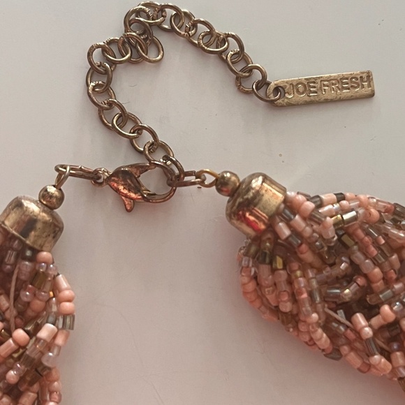 Women's Beaded Statement Necklace, tiny beads on chain, pink peach rose, beige - Picture 3 of 5